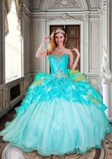 Beautiful Ball Gown Aqua Blue Sweet 16 Dress with Beading and Ruffles