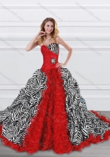 Designer Beaded and Ruffled Red and Zebra Quinceanera Dress with Brush Train