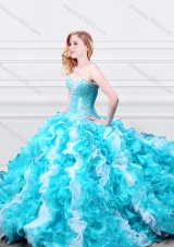 Designer Beadede and Ruffled Quinceanera Gown in Aqua Blue and White