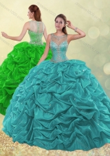 Designer See Through Scoop Beaded and Bubble Green Quinceanera Dress