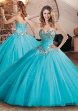 Pretty Visible Boning Tulle Beaded Quinceanera Dress in Aqua Blue