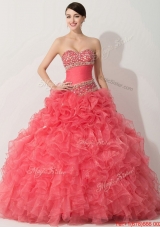 Princess Coral Red Sweet 16 Dress with Beading and Ruffle