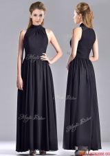 Simple Empire Ankle Length Chiffon Black Mother of Bride Dress with High Neck