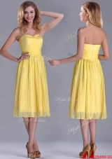 Discount Pleated Yellow Chiffon Prom Dress in Tea Length