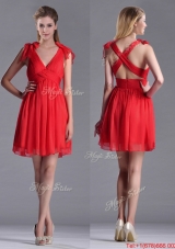 Exclusive V Neck Criss Cross Dama Dress with Ruching and Bowknot