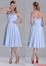 Pretty Strapless Chiffon Ruched Lavender Dama Dress in Tea Length