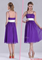 Romantic Spaghetti Straps Belted Eggplant Purple Dama  Dress in Tea Length