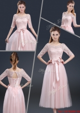 2016 Elegant Tea Length Prom Dresses with Lace and Bowknot