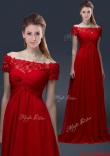 Simple Off the Shoulder Short Sleeves Red Prom Dresses with Appliques