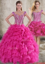 Classical Ruffled and Beaded Bodice Detachable Quinceanera Dress in Hot Pink