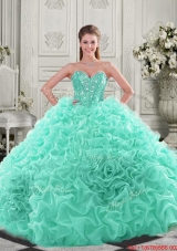 Elegant Visible Boning Organza Apple Green Quinceanera Dress with Chapel Train
