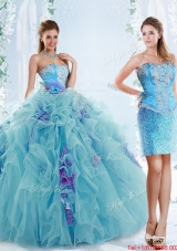 Exquisite Applique Bodice Aqua Blue Detachable Quinceanera Gowns in Organza