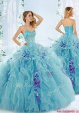 Sweet Beaded Aque Blue Detachable Quinceanera Dresses in Organza