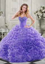 Wonderful Chapel Train Beaded and Ruffled Quinceanera Gown in Lavender