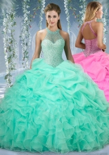 Beautiful Halter Top Beaded and Ruffled Elegant Quinceanera Dresses in Mint