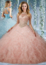 Elegant Beaded Bodice Baby Pink Quinceanera Dress with Halter Top