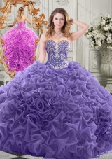 Elegant Brush Train Lavender Quinceanera Gown with Beaded Bodice and Ruffles