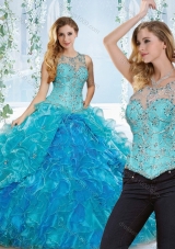 Elegant See Through Beaded and Ruffled Elegant Quinceanera Dresses in Blue