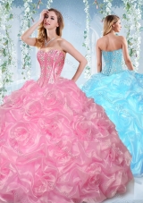 Fashionable Beaded and Bubble Organza DetachableQuinceaneraGowns in Rose