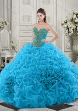 Latest Beaded and Ruffled Baby Blue Quinceanera Dress with Chapel Train