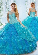Modern See Through Blue Detachable Sweet 16 Dress with Beading and Ruffles