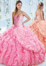 New Style Organza Beaded Rose Pink Quinceanera Dress with Detachable Straps