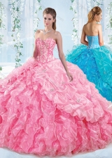 Perfect Visible Boning Ruffled Detachable Sweet 16 Dress in Rose Pink