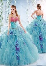 Wonderful Aqua Blue Detachable Sweet Fifteen Dresses with Ruffles and Beading