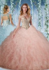 Exclusive Deep V Neck Peach Designer Quinceanera Dress With Beading and Ruffles