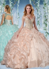 Fashionable Beaded Decorated Cap Sleeves Designer Quinceanera Dress with Deep V Neck