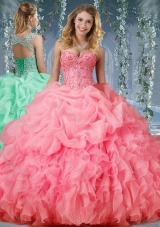 Luxurious Organza Big Puffy Watermelon Designer Quinceanera Dress with Beading and Ruffles