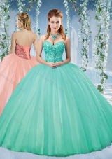 Taffeta Beaded Puffy Skirt Designer Quinceanera Gown in Turquoise