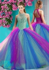 Exclusive Halter Top Really Puffy Designer Quinceanera Dress with Beading and Appliques
