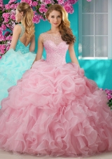 Lovely Beaded and Ruffled Big Puffy Designer Quinceanera Dresses with See Through Scoop