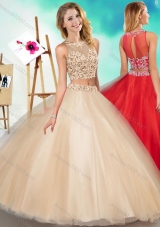 Two Piece See Through Scoop Designer Quinceanera Dress with Beading and Appliques