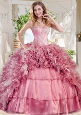 New Style Puffy Skirt Pink Quinceanera Dress with Beading and Ruffles