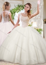 See Through White Ball Gowns High Neck Sequins Beaded Quinceanera Dress with Zipper Up