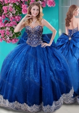 Unique Ball Gown Sequins Bowknot and Beaded Royal Blue Quinceanera Dress with Sweetheart