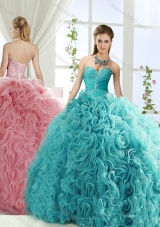 Beaded and Applique Big Puffy Detachable Quinceanera Gowns in Aqua Blue