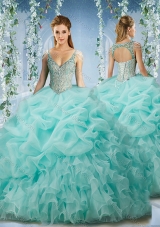 Beaded and Ruffled Aqua Blue Quinceanera Dress with Beaded Decorated Cap Sleeves