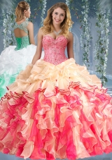 Beautiful Really Puffy Red and Champagne Beaded and Ruffled Quinceanera Dress