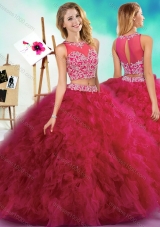 Classical Beaded and Ruffled Fuchsia Quinceanera Dress with See Through