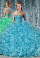 Gorgeous Beaded and Ruffled Big Puffy Quinceanera Dress in Aqua Blue
