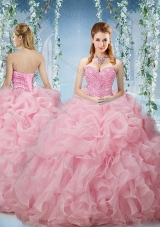 Lovely Baby Pink Brush Train Quinceanera Dresses Beaded and Ruffled