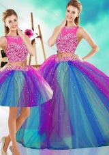 Lovely Beaded Scoop Tulle Detachable Quinceanera Gown in Rainbow Colored