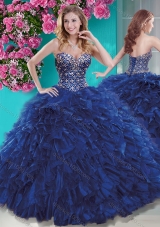 Luxurious Brush Train Blue Quinceanera Dress with Beading and Ruffles
