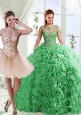 Luxurious See Through Scoop Green Detachable Quinceanera Gowns with Brush Train