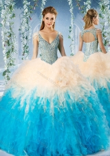 Modest Beaded Decorated Cap Sleeves Quinceanera Dress in Blue and Champagne