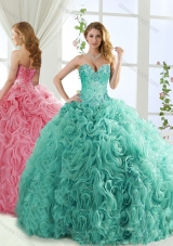 Popular Rolling Flower Mint Detachable Quinceanera Gowns with Brush Train