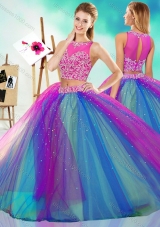 Rainbow Colored Big Puffy Detachable Quinceanera Dress with See Through